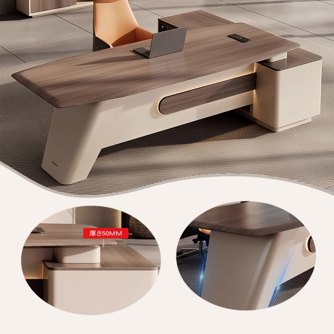 エグゼクティブデスク　社長デスク　事務机　キャビネット付き　ダイヤル錠　LEDライト　木目調　ブラウン　カスタマイズ可能　LBZ-P006