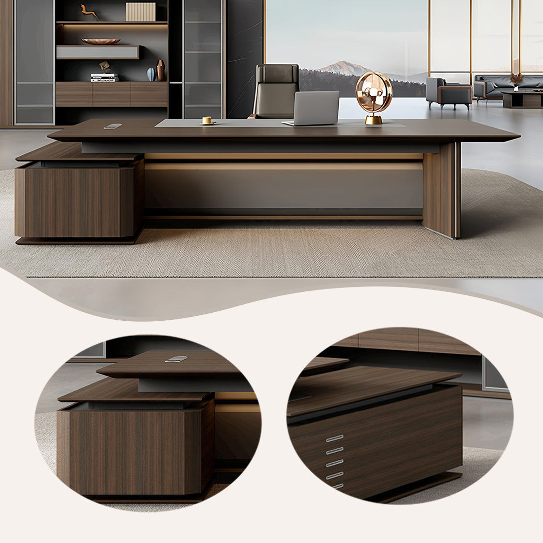 エグゼクティブデスク　社長机　木製デスク　事務用　木目調　サイドキャビネット　通気孔　L字型　シンプル　カスタマイズ可能　LBZ-P056