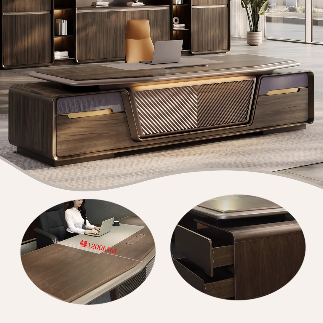 エグゼクティブデスク　両袖机　社長机　木製デスク　木目調　Ｒ加工　レザーマット　指紋認証キー　大容量収納　厚手　上質　洗練　LBZ-P009