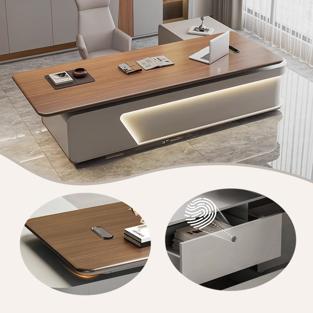 エグゼクティブデスク　ワークデスク　事務机　社長室　木目調　大容量収納　LEDライト付き　指紋認証キー　上質　ウォールナット　LBZ-P011