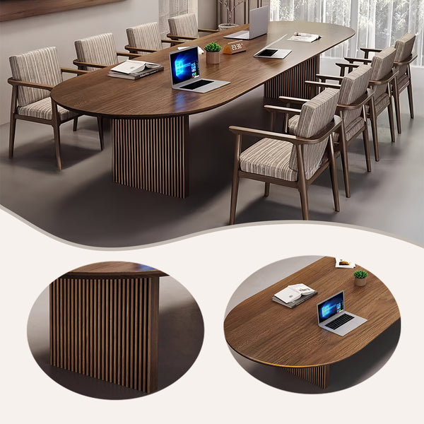 木製会議テーブル　楕円形テーブル　大型ミーティングテーブル　大型会議用テーブル　フォーマルなテーブル　商談用　事務用　オフィス用　木目調　広々とした天板　厚手　頑丈　耐久性　高荷重性　簡素　シンプル　ウォールナット　カスタマイズ可能　HYZ-P023