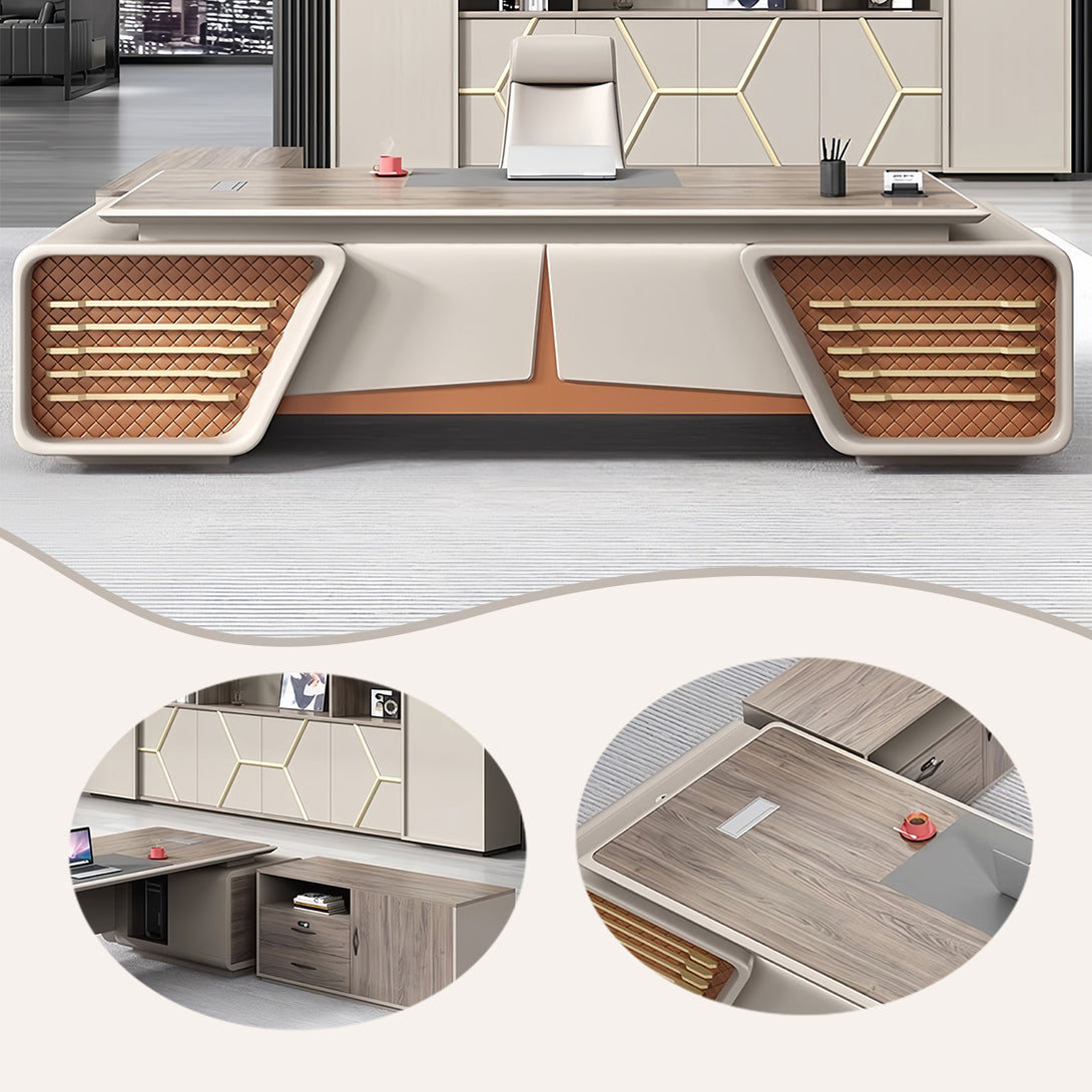 オフィスデスク　社長デスク　事務机　両袖机　木目調　厚重感　レザー張り　高級感　洗練　ウォールナット　カスタマイズ可能　LBZ-P015