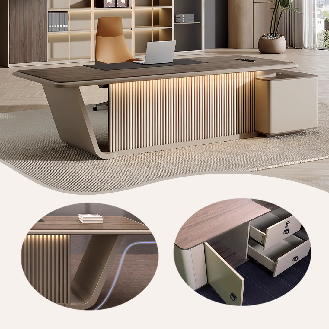 エグゼクティブデスク　ワークデスク　社長デスク　事務机　ダイヤル錠　引き出し　大容量収納　ワニス塗装　高品質　カーキ　LBZ-P005