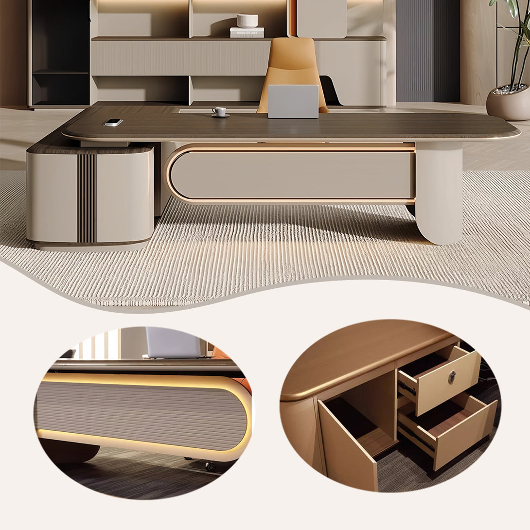 エグゼクティブデスク　社長机　事務机　オフィス用　ダイヤル錠　LEDライト　配線便利　木目調　ブラウン　カスタマイズ可能　LBZ-P008