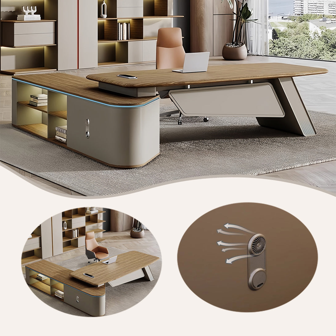 エグゼクティブデスク　執務デスク　社長机　事務机　ダイヤル錠　LEDライト付き　厚手　オープン収納　木目調　洗練　チーク　LBZ-P007