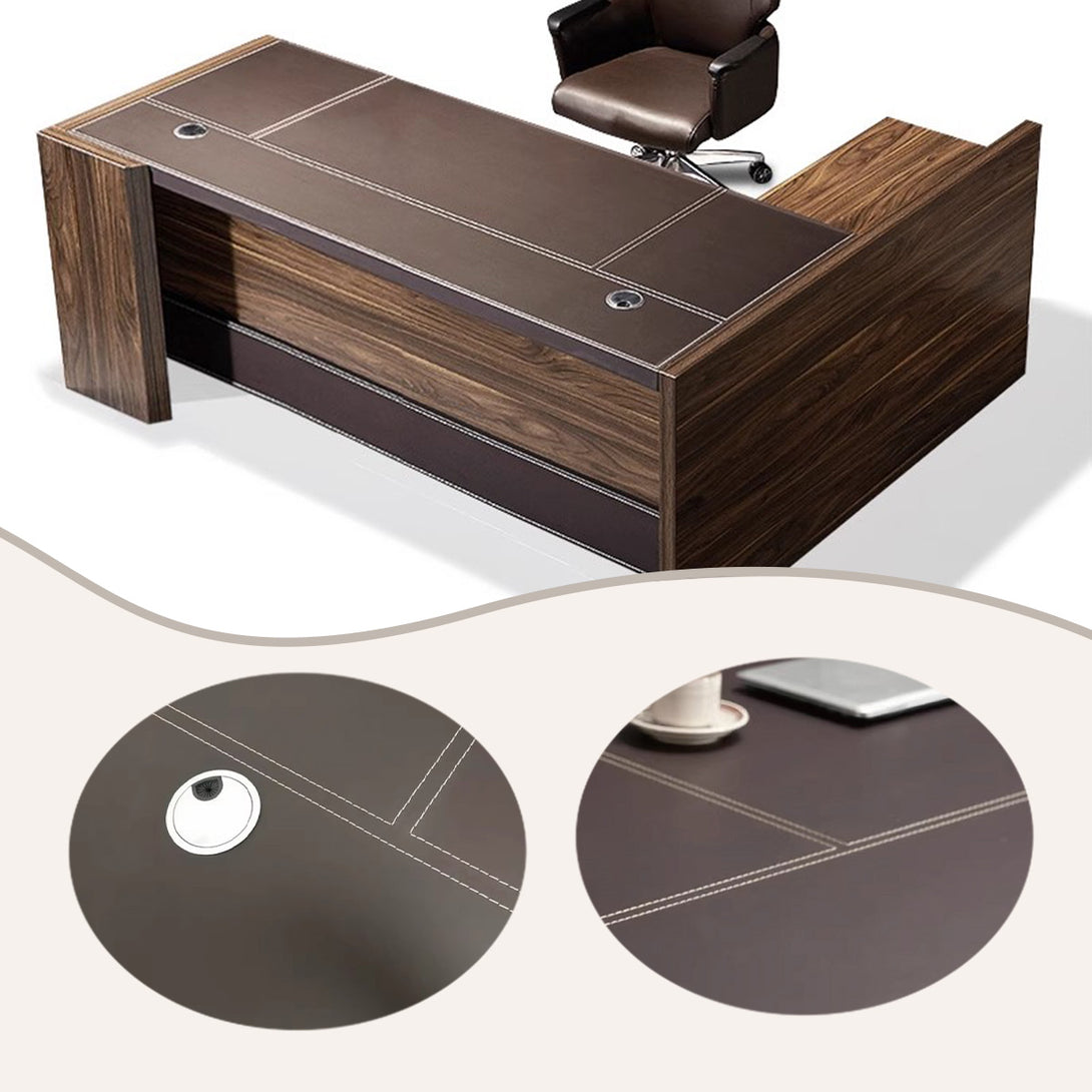 エグゼクティブデスク　社長机　執務デスク　オフィスデスク　事務用　レザー張り　配線穴　引き出し　大容量収納　ダークブラウン　LBZ-P030