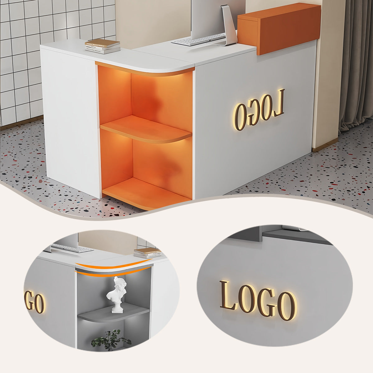 L字型カウンター,レジカウンター,フロント,受付カウンター,展示棚,大