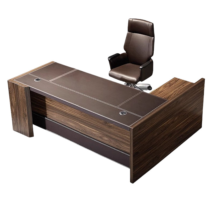 エグゼクティブデスク　社長机　執務デスク　オフィスデスク　事務用　レザー張り　配線穴　引き出し　大容量収納　ダークブラウン　LBZ-P030