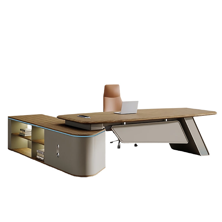 エグゼクティブデスク　執務デスク　社長机　事務机　ダイヤル錠　LEDライト付き　厚手　オープン収納　木目調　洗練　チーク　LBZ-P007