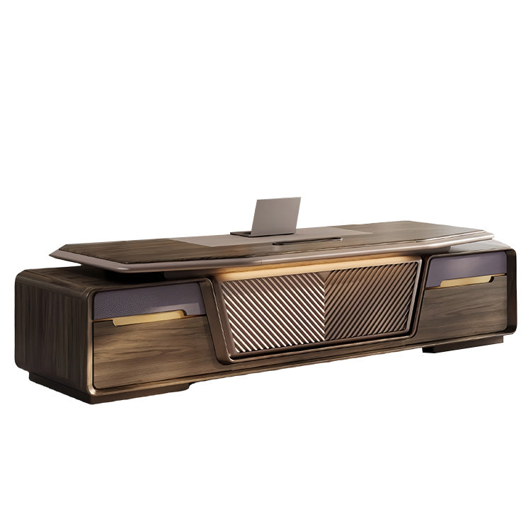 エグゼクティブデスク　両袖机　社長机　木製デスク　木目調　Ｒ加工　レザーマット　指紋認証キー　大容量収納　厚手　上質　洗練　LBZ-P009