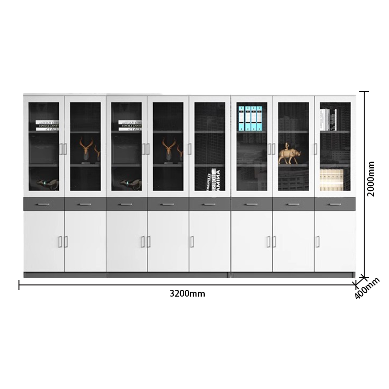 ファイル収納　オフィスキャビネット　多機能な収納　収納棚　作業用　役員用　オフィス用　大容量収納　鍵付き　引き出し　ガラス扉　シンプル　洗練　ホワイト　BGCWG-P024