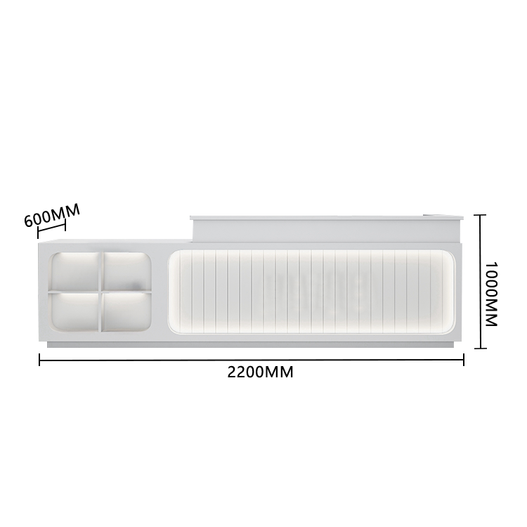 受付カウンター　レジカウンター　フロント　エントランス受付　店舗用　サロン　美容院　広々としたスペース　引き出し収納　扉付き収納　キーボードトレイ　LEDライト付き　汚れにくい　大容量収納　洗練　モダン　ベージュ　カスタマイズ可能　JDQT-BODS-P044