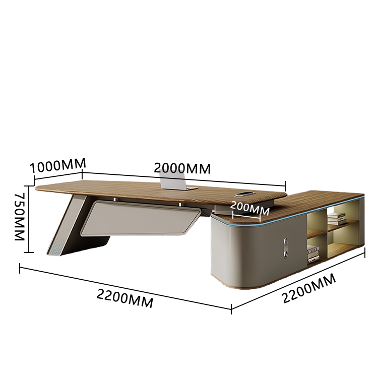 エグゼクティブデスク　執務デスク　社長机　事務机　ダイヤル錠　LEDライト付き　厚手　オープン収納　木目調　洗練　チーク　LBZ-P007