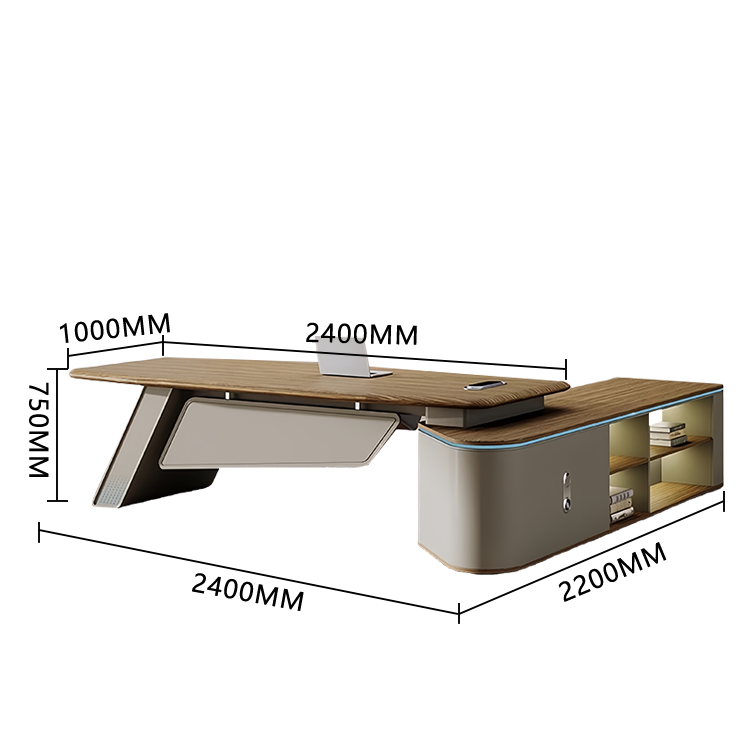 エグゼクティブデスク　執務デスク　社長机　事務机　ダイヤル錠　LEDライト付き　厚手　オープン収納　木目調　洗練　チーク　LBZ-P007