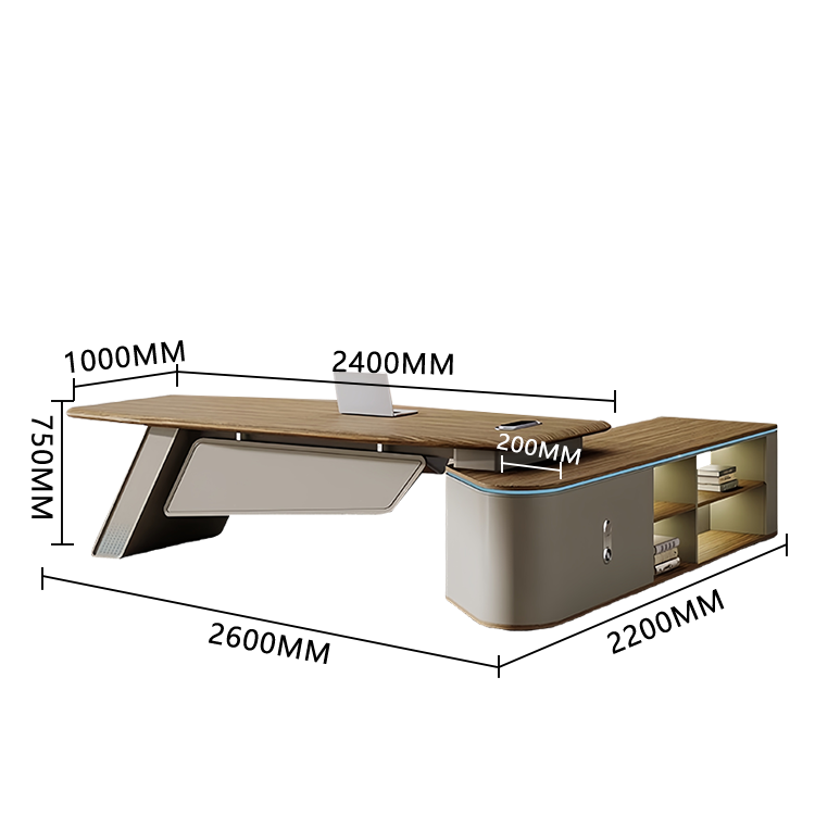 エグゼクティブデスク　執務デスク　社長机　事務机　ダイヤル錠　LEDライト付き　厚手　オープン収納　木目調　洗練　チーク　LBZ-P007