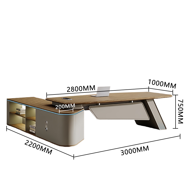 エグゼクティブデスク　執務デスク　社長机　事務机　ダイヤル錠　LEDライト付き　厚手　オープン収納　木目調　洗練　チーク　LBZ-P007