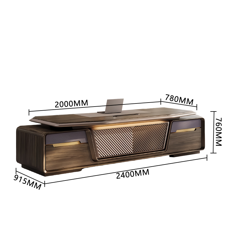 エグゼクティブデスク　両袖机　社長机　木製デスク　木目調　Ｒ加工　レザーマット　指紋認証キー　大容量収納　厚手　上質　洗練　LBZ-P009