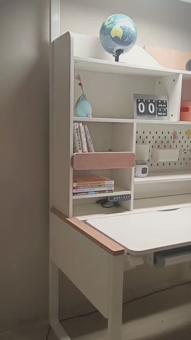 勉強机　作業デスク　子供用デスク　収納棚付きデスク　学習デスク　室内用　寝室用　丈夫なフレーム　広い天板　穴ボード　昇降可能　オープン収納　大容量収納　耐摩耗性　機能性　実用　シンプル　ホワイト　XXZ-P009