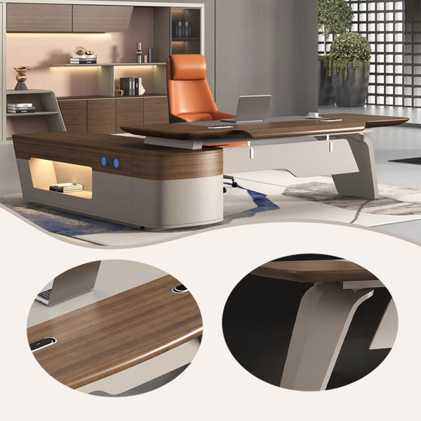 エグゼクティブデスク　オフィスデスク　社長机　木製デスク　大容量　角丸加工　通気孔付き　配線ボックス付き　焼付塗装　L字型　LBZ-P065