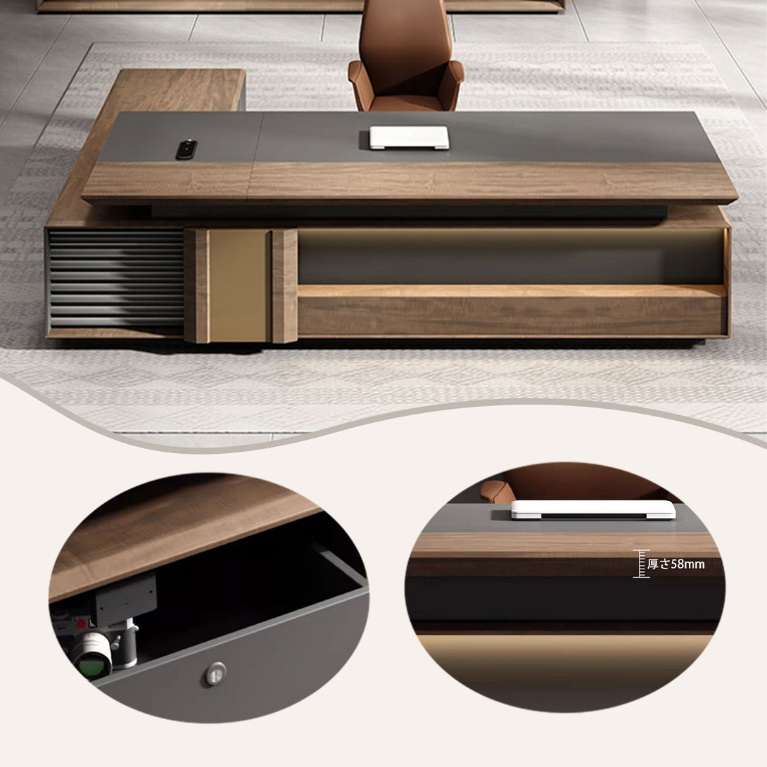 エグゼクティブデスク　社長机　木製デスク　社長室　幕板付き　排気口付き　コンセント付き　L字型　広い天板　カスタマイズ可能　LBZ-P058