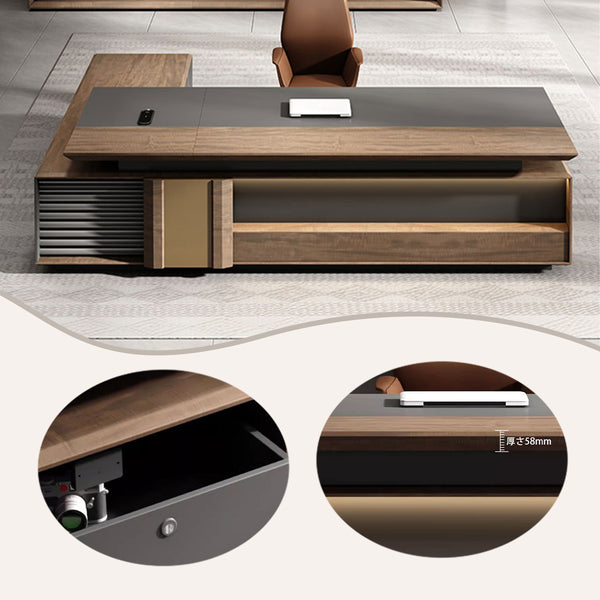 エグゼクティブデスク　社長机　木製デスク　社長室　幕板付き　排気口付き　コンセント付き　L字型　広い天板　カスタマイズ可能　LBZ-P058