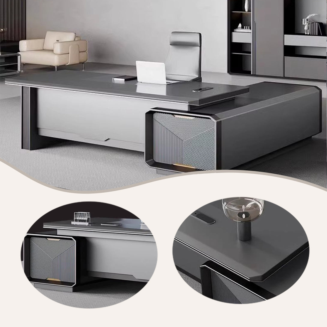 エグゼクティブデスク　社長机　木製デスク　サイドキャビネット付き　配線ボックス付き　L字型　広い天板　カスタマイズ可能　LBZ-P064