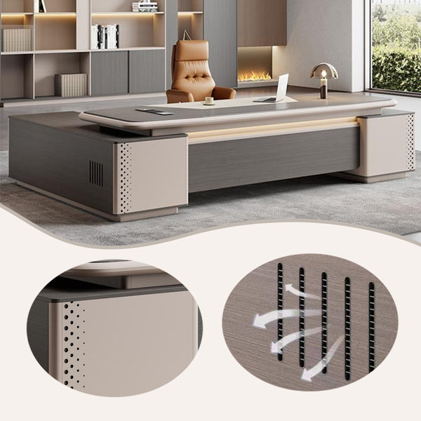 エグゼクティブデスク　社長机　木製デスク　仕事用　大容量　角丸加工　ダイヤル錠付き　配線ボックス　幕板付き　L字型　LBZ-P063