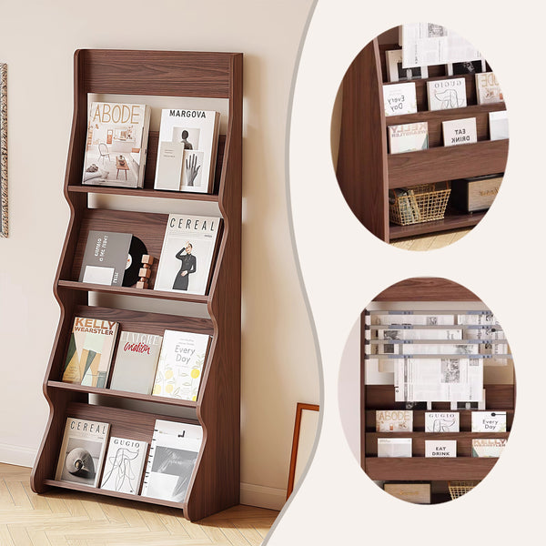 マガジンラック　パンフレットスタンド　 収納ラック　雑誌ラック　図書館　店舗用　書店用　本棚　木製　ストッパーボード付き　オープン収納　4段式　ダークウォールナット　カスタマイズ可能　ZWJ-P003